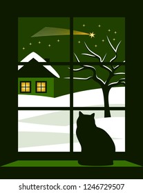 vector cat in the window and snowy landscape with christmas comet outside the window