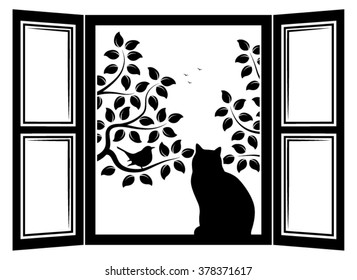 vector cat in the window and trees with bird outside the window