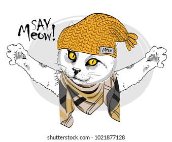 Vector cat with yellow knitted hat and  scarf. Hand drawn illustration of dressed cat.