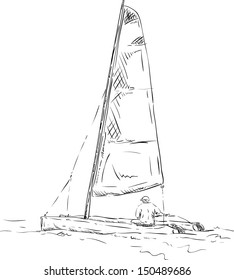 vector - catamaran with sailor, isolated on background