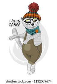 Vector cat-dancer. Vector cat with knitted hat and glasses. Hand drawn illustration of dressed kitty. 