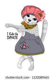 Vector cat-dancer. Vector cat with pink hat, flower, dress and scarf. Hand drawn illustration of dressed kitty. 