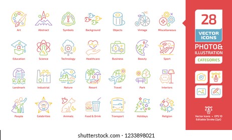 Vector categories and themes editable stroke color line icons for photo and illustration with education, science, technology, healthcare, business, holidays, religion sections outline colorful symbols