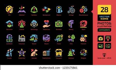 Vector category and theme color icon for photo and illustration on a black background with park, outdoor, interiors, people, celebrities, animals, wildlife, food, drink, transport sections symbols.