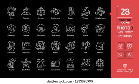 Vector category and theme editable stroke line icon on a black background for photo and illustration with art, abstract, textures, objects, vintage, miscellaneous, education thin outline pictogram.