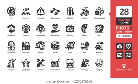 Vector category and theme icon for photo and illustration with art, abstract, background, object, vintage, miscellaneous, education, science, technology, healthcare, business, beauty, sport class sign