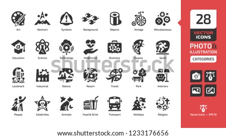 Vector category and theme icon for photo and illustration with art, abstract, background, object, vintage, miscellaneous, education, science, technology, healthcare, business, beauty, sport class sign
