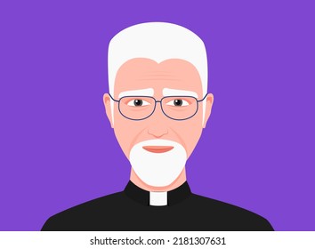 Vector catholic preacher character illustration. Gray-haired padre avatar. Cartoon priest in church. Religious male beard person. Religion old man smiling in glasses. Pastor isolated 2D hero