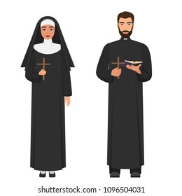 Vector Catholic priest and nun holding cross rood.