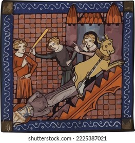 Vector of Catholic Saint Saturnin being dragged by a bull.