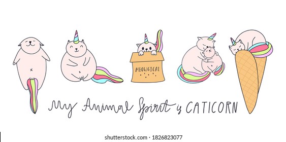 Vector caticorn mythical creatures set. Cute kitty pets with unicorn horns and tales. Funny sticker pack.
