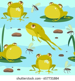 vector catoon frog blue seamless pattern with waves