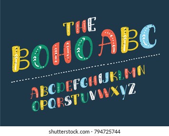 Vector catoon illustation of arrows font, capital English alphabet. ABC in different colors on dark background.