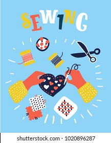 Vector catoon illustration of kids handmade. Childs hands holding craft heart and needle to sew, sewing accesories arround.