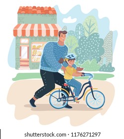 Vector catoon illustration of man teaching daughter to ride bike for the first time. Father helping little girl riding bicycle. Parenting, fatherhood concept. Human charater on outdoor background.