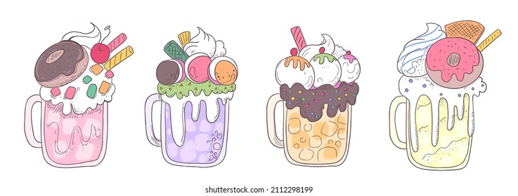 Vector catoon illustration Milkshakes in mug glasses Boba milk tea, Pearl milk tea , Yummy drinks, coffees and soft drinks sweet cold tasty beverages decorated with fruits, berries, whipped cream