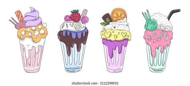 Vector catoon illustration Milkshakes in mug glasses Boba milk tea, Pearl milk tea , Yummy drinks, coffees and soft drinks sweet cold tasty beverages decorated with fruits, berries, whipped cream