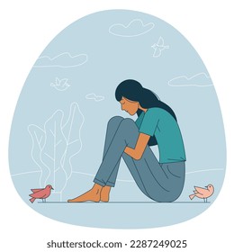 Vector catoon illustration of sad girl sitting and unhappily hugging her knees. Young woman in depression, thinking about problems, upset girl feeling lonely, suffering from bad relationship