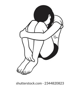 Vector catoon illustration of sad girl sitting and unhappily hugging her knees and cry. Woman in depression.