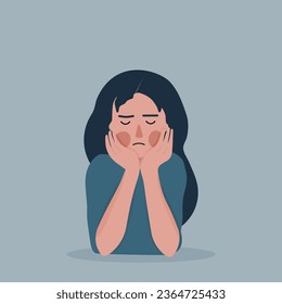 Vector catoon illustration of sad girl sitting. Woman in depression.