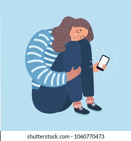 Vector catoon illustration of a teenage Girl Crying Over What She Saw on Her Phone. Dislike, parting, disappointment, depression, sadness, social media, other person's stylelife.