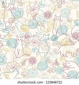 Vector cats among flowers seamless pattern background with hand drawn elements.