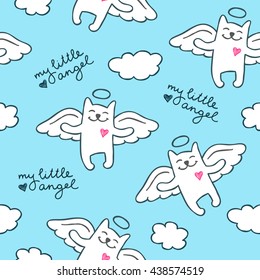 vector cats angels in the sky, cute seamless pattern