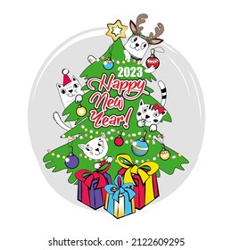 Gatos vectores con árbol de navidad, regalos y cuernos de navidad. Dibujo de mano de gatos graciosos. Feliz Año Nuevo 2023.