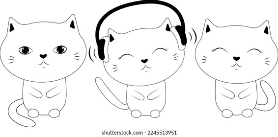 Vector cats coloring book. Home pet simple drawing of kittens.
