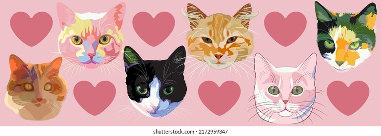 Vector cats of different breeds. Illustration of cats for printing on fabric and paper. Background with pets.