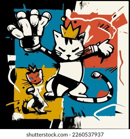 Vector of cats fighting, street art, crown on head, king