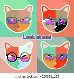 Vector cats in glasses set. Set of animal portraits with flat design. collection of cats. vector illustration.