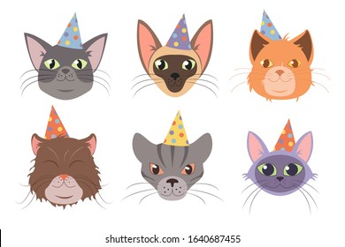 Vector cats head birthday set for invitation banners or greeting cards. Pets birthday collection.