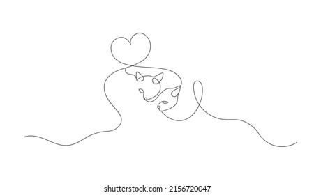 Vector Cats Heart Symbol Tales One Line Continuous Line, Black Single Line Drawing Isolated on White Background, Love Doodle Illustration Template Line Art Minimal Design.