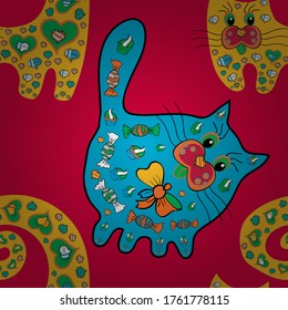 Vector cats. Image on magenta, blue and yellow versicolors. Urban pattern for textile and fabric. Sketch, doodle, scribble. Seamless hand drawn ink pattern. Endless. Coloring book for adult.