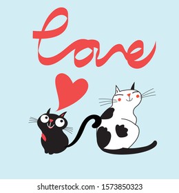 Vector cats in love and the word love on a light blue background for Valentine's Day