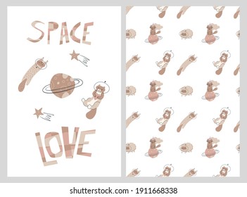 Vector cats in outer space with planets and stars. Seamless pattern with funny animal astronauts.
