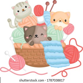 a vector of cats playing with yarns in a basket