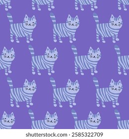 Vector cats seamless pattern. Cartoon striped pets. Seamless wallpaper for kids. Cute monochrome blue purple print. Fat cat for children's clothing, baby boy textile, infant bed linen. Animal picture.