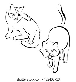 Vector cats silhouettes collection isolated on white background. Black contours of animals. Cat drawn in different poses: playing, walking, lying. Sweet home pet. Graphic clip art illustration design