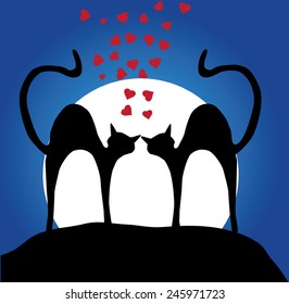 vector cats silhouettes in the moonlight with red hearts for valentine day