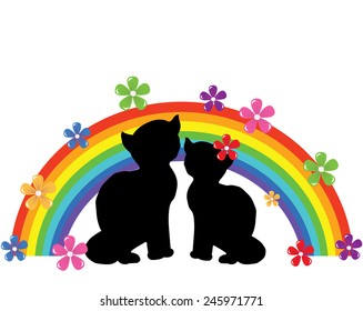 vector cats silhouettes with rainbow and flowers for valentine day