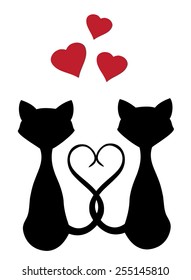 vector cats silhouettes with red hearts