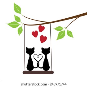 vector cats silhouettes in a swing with red hearts for valentine day