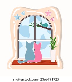 vector cats sitting near window illustration
