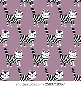 Vector cats wallpaper. Cartoon animals for baby seamless pattern. Ornament with kitties for product design in themes: childhood, veterinary, animals, pets. Edges of pattern under the clipping mask.