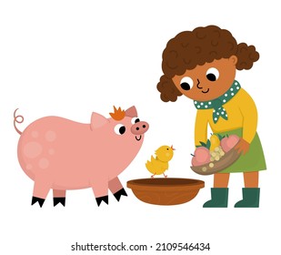 Vector cattle breeder icon. Farmer girl feeding animals. Cute kid doing agricultural work. Rural country scene. Child with cute pig and chicken. Funny farm illustration with cartoon characters
