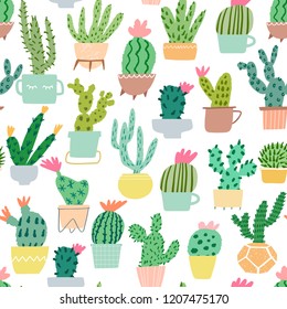 Vector catus seamless pattern. Cacti texture hand draw background