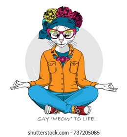 Vector cat-yogi with wreath and glasses. Hand drawn illustration of dressed cat. Yoga.