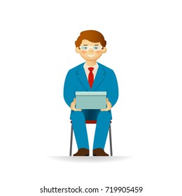 Vector caucasian man character in business suit sitting on chair and holding box